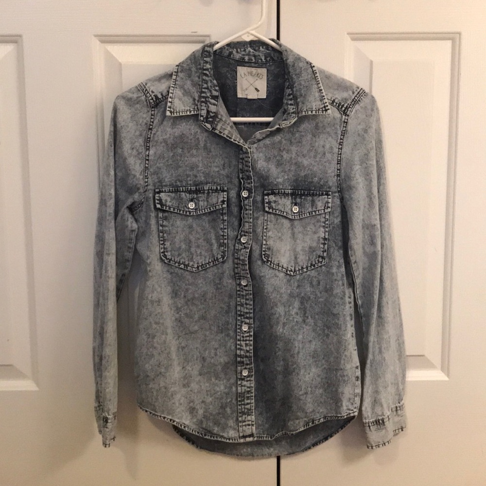 LA hearts acid wash button up collared top